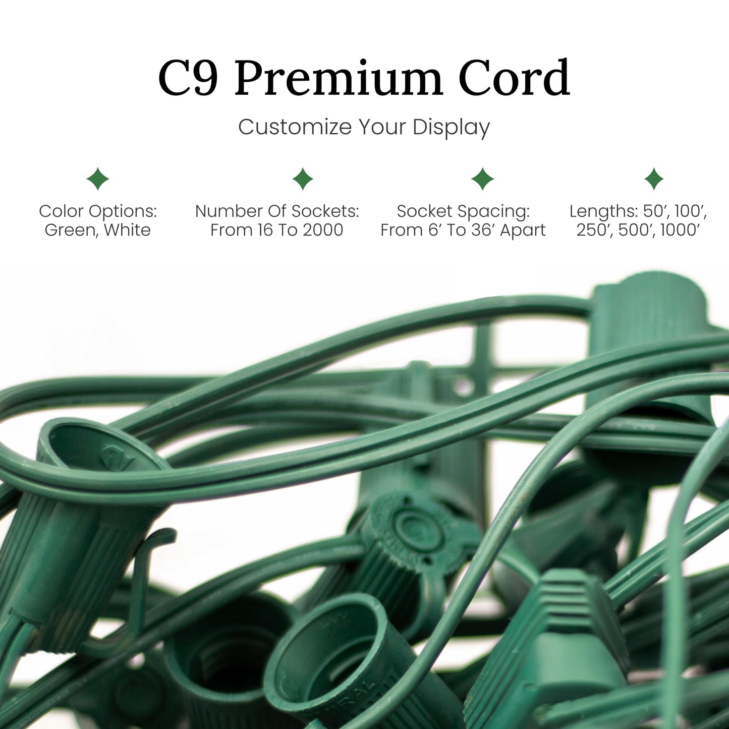 Christmas Designers Pro Christmas C9 Light Cord, 100 ft, 66 Bulb Sockets, 18” Spacing, Green Wire, 2 Sets of Plugs Included